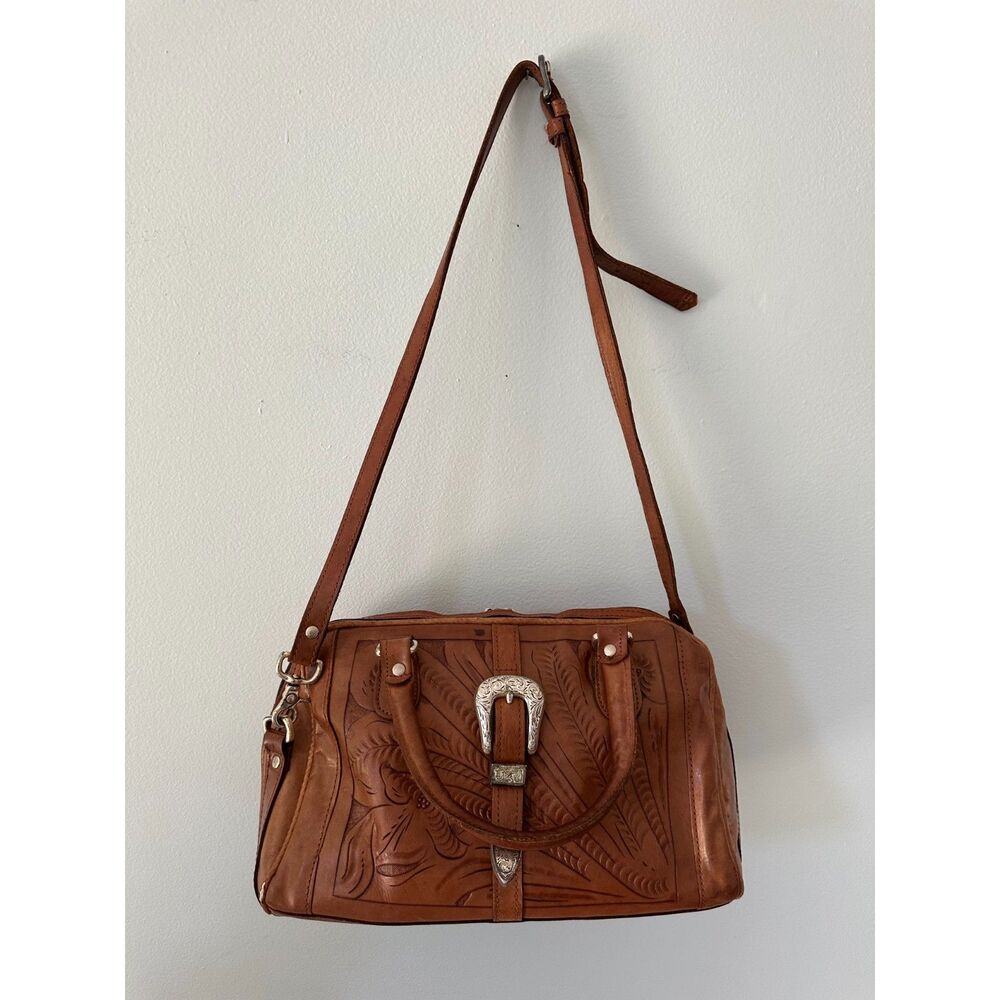 Vintage Hand Tooled Leather Satchel Bag Western Tooled Crossbody Purse Brown - Picture 2 of 16